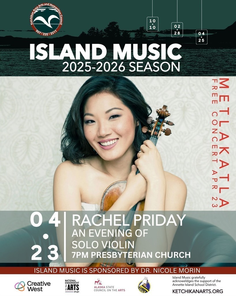 graphic with text, smiling woman with violin