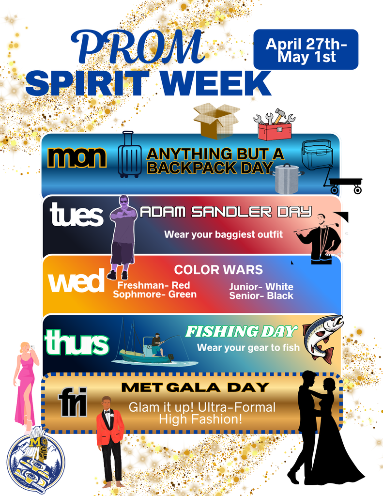 graphic with text, prom spirit week, images of suitcase, fish, people