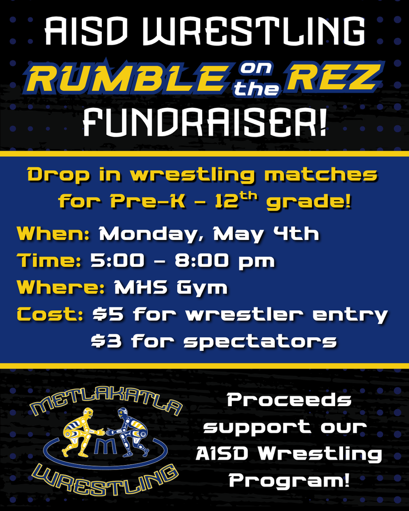 graphic with text, information about a wrestling fundraiser, formline logo of two wrestlers.