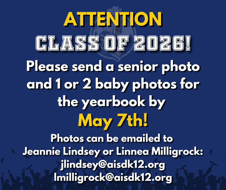 graphic with text, reminder for Class of 2026 families to send in photos for the yearbook.