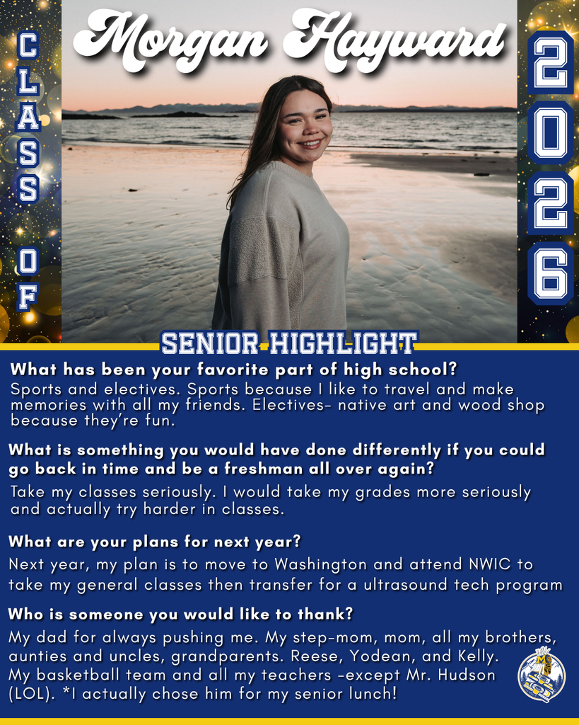 graphic with text, female student standing on the beach with a sunset in the background.