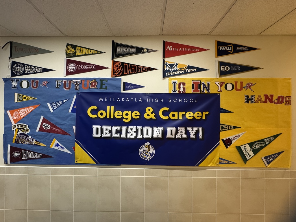 graphic with text, pennant banners for colleges, and college and career decision day banner 