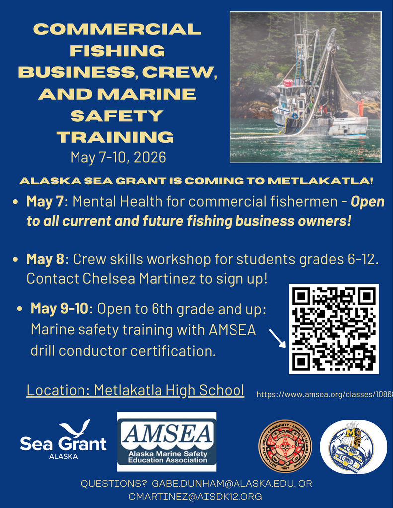 graphic with text, fishing boat, information about AMSEA fisherman safety training classes happening this week.  Details and sign up links in the text of the post.