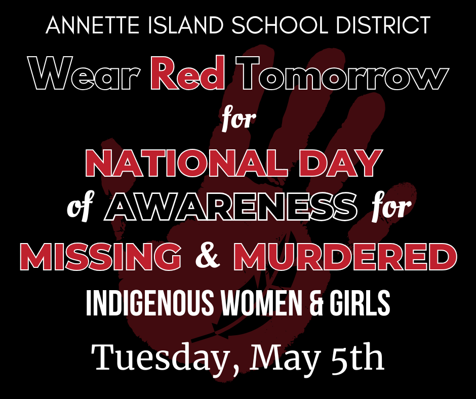 graphic with text, red hand with a feather in it.  Information about MMIW and wearing read on May 5th