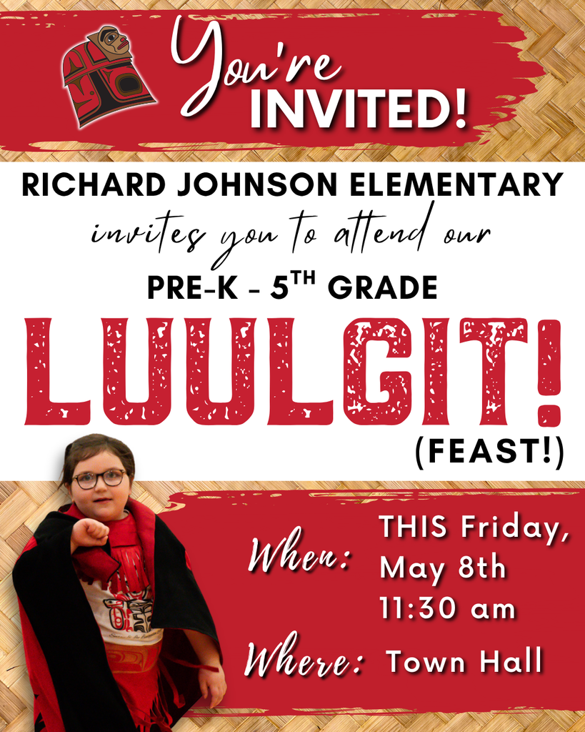 Graphic with text about elementary school feast, female student in regalia dancing.  Details about the post are in the text description.
