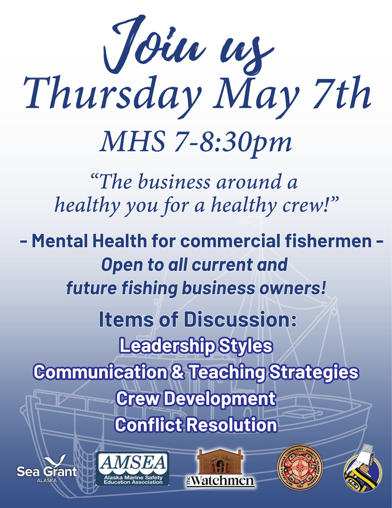 graphic with text, information about mental health for commercial fisherman.  Image of a fishing vessel and different logos from various entities