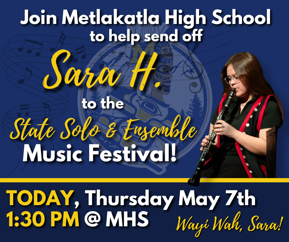 graphic with text, student playing Clarinet.  Information about send off for state solo and ensemble music fest