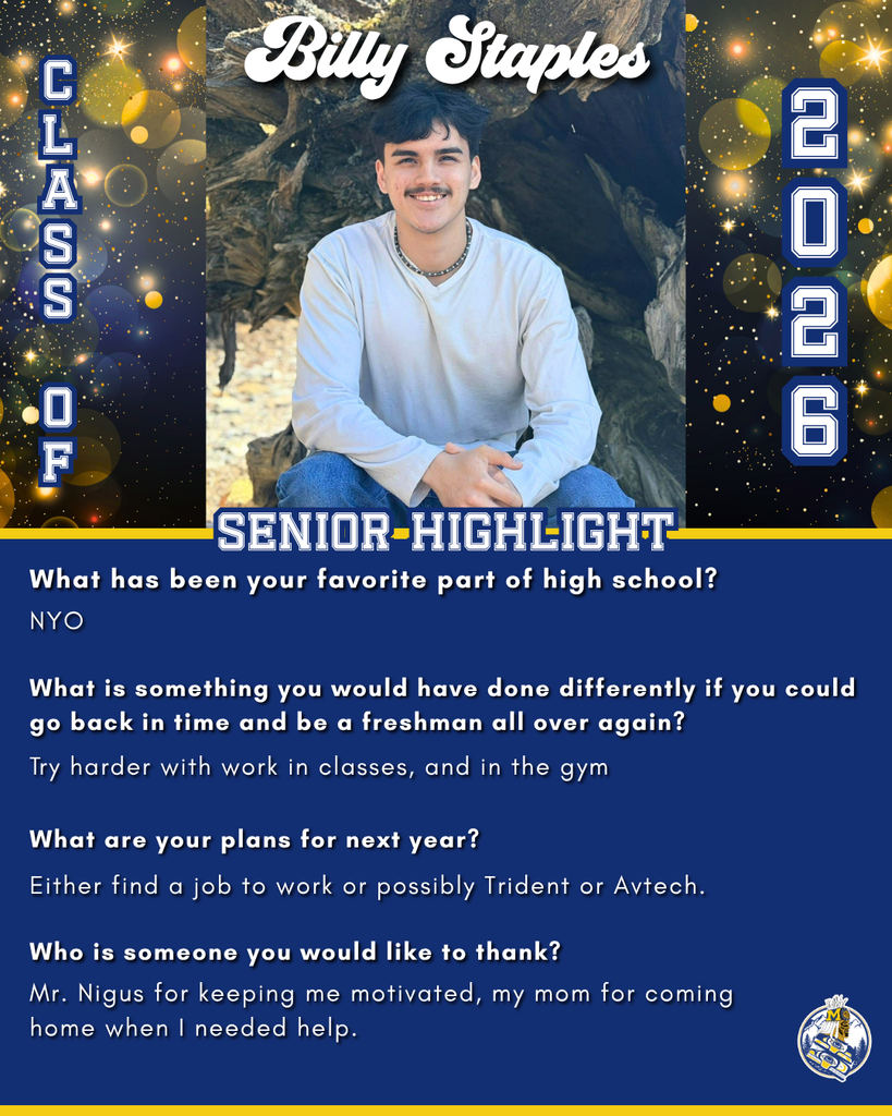 graphic with text, student posing on beach.  Senior Highlight about student's favorite times in high school and who he'd like to thank.