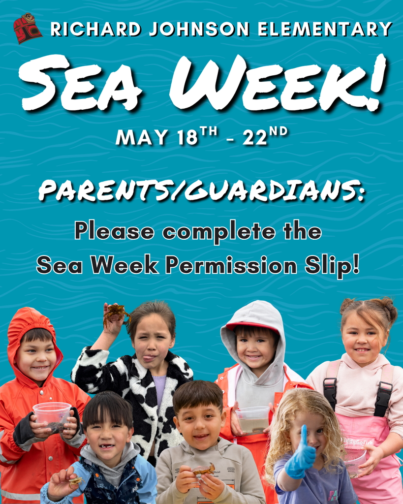 graphic with text, information about sea week.  Images of students holding buckets, crabs, and smiling at the camera.