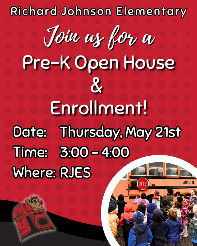 graphic with text, pre-k open house information. Image of students looking at a bus, RJES logo of copper shield