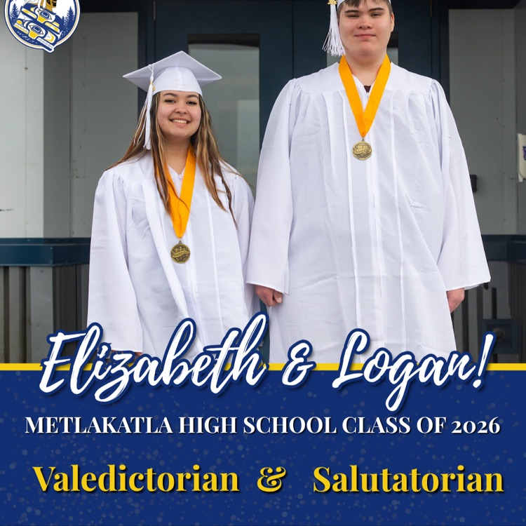 graphic with text, congratulating the valedictorian and salutatorian. two students in white caps and gowns