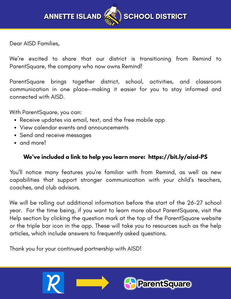 graphic with text about remind to parent square transition.  text also in description.