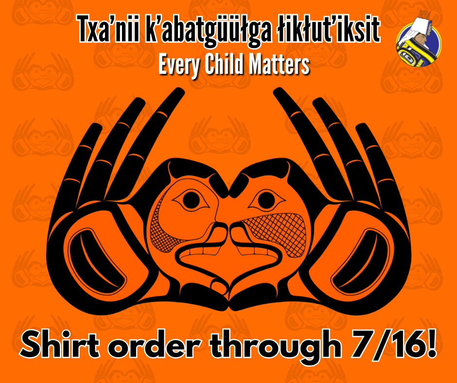 graphic with text, orange shirt day graphic with formline hands and text.