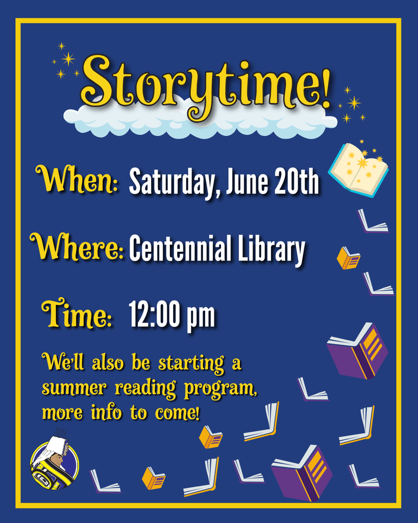 graphic with text, books, information about upcoming story time