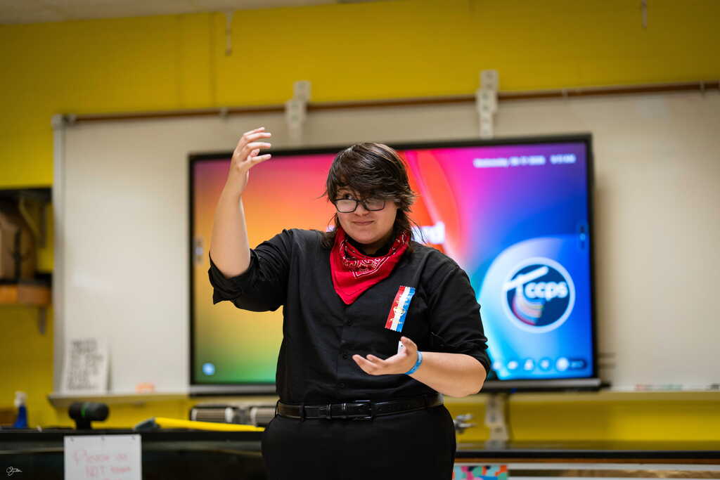 student acting in classroom