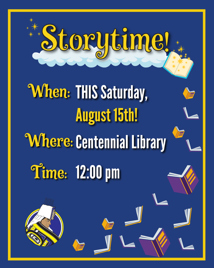 graphic with text, information about library story time, books and AISD logo