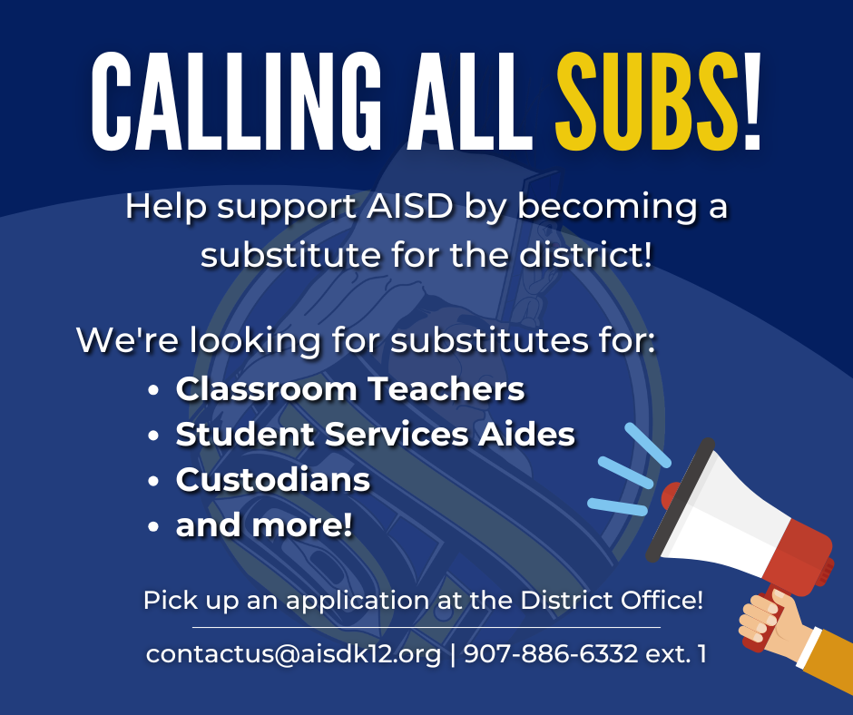 graphic with text, information about becoming a sub at AISD