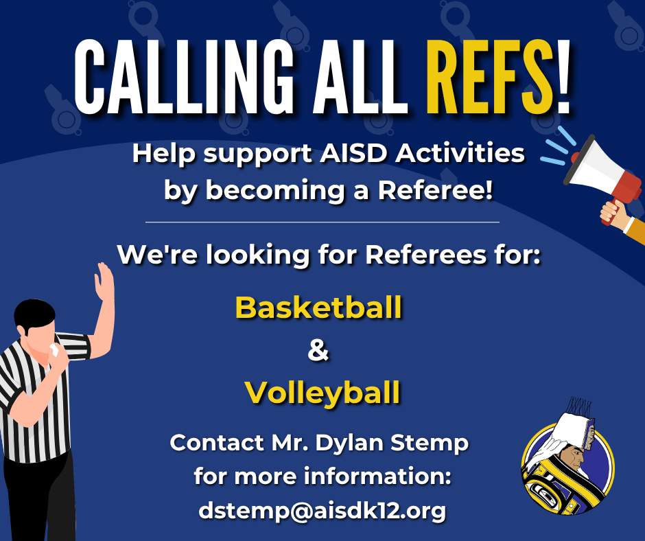 graphic with text, referees, AISD logo, information about becoming a referee