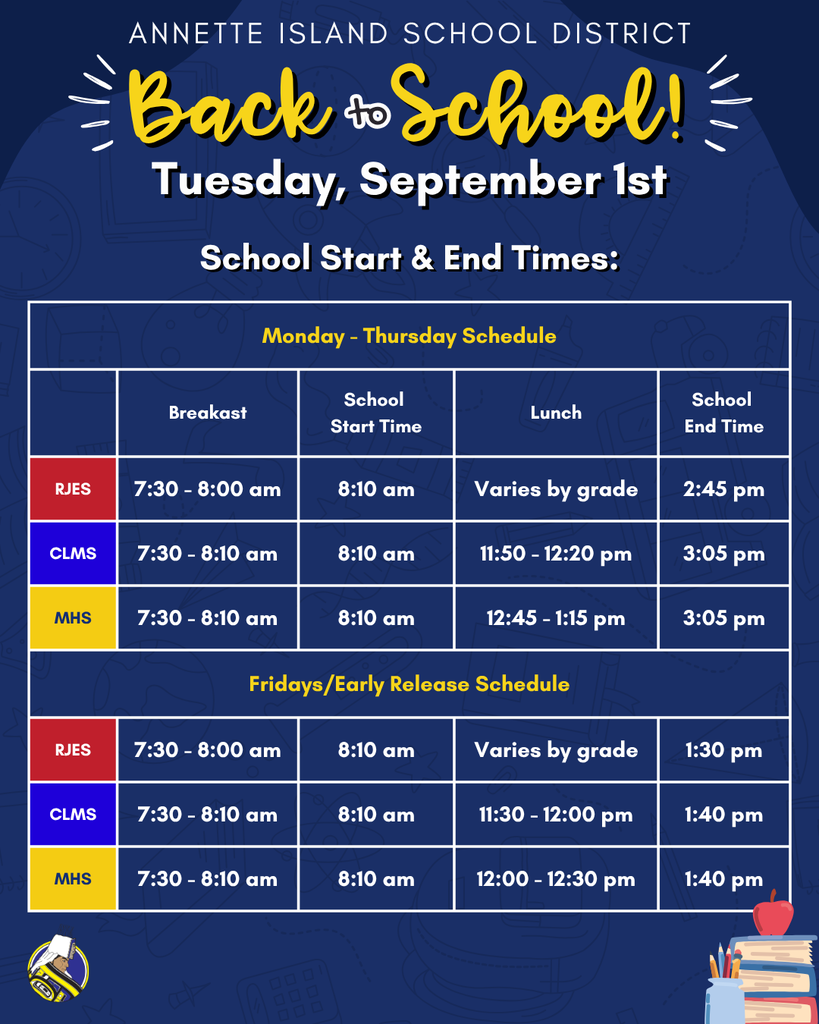 graphic with text, information about school start and end times. Link to pdf in text.