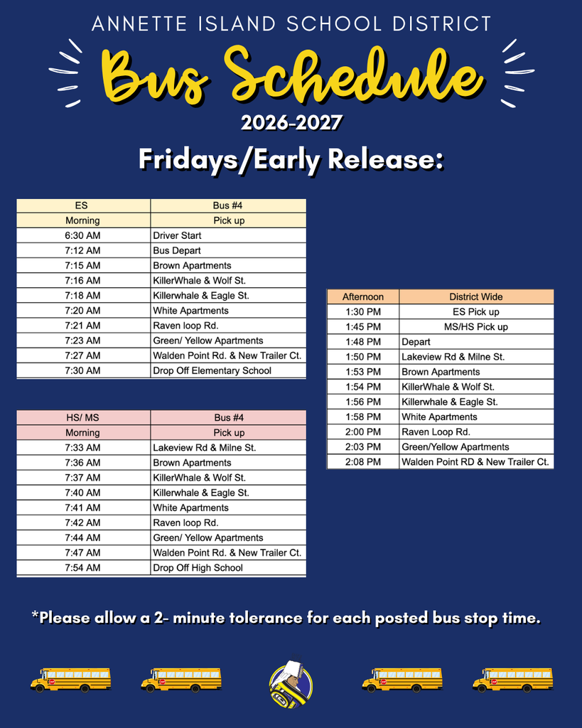 graphic with times and locations for bus pick up and drop offs