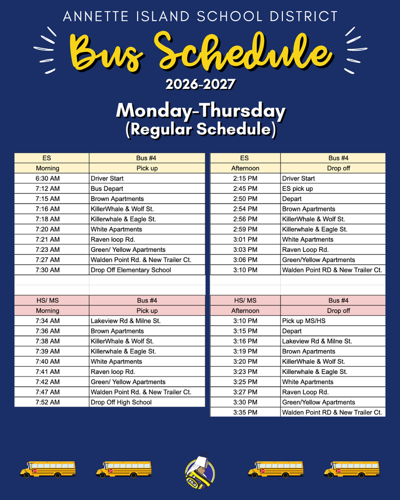 graphic with times and locations for bus pick up and drop offs