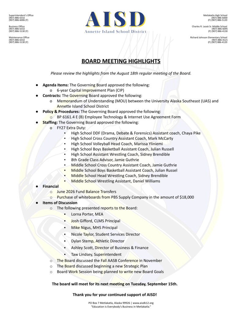 document with AISD board meeting highlights.  Link to pdf in the post.