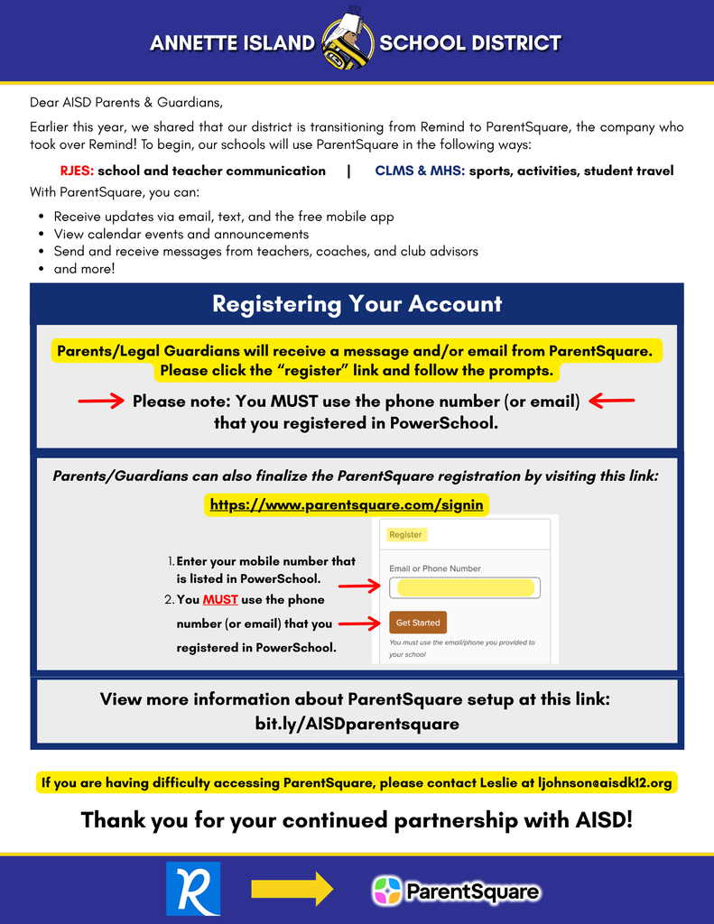 graphic with text, information about setting up ParentSquare.  Information also in the description and a link to a pdf version.