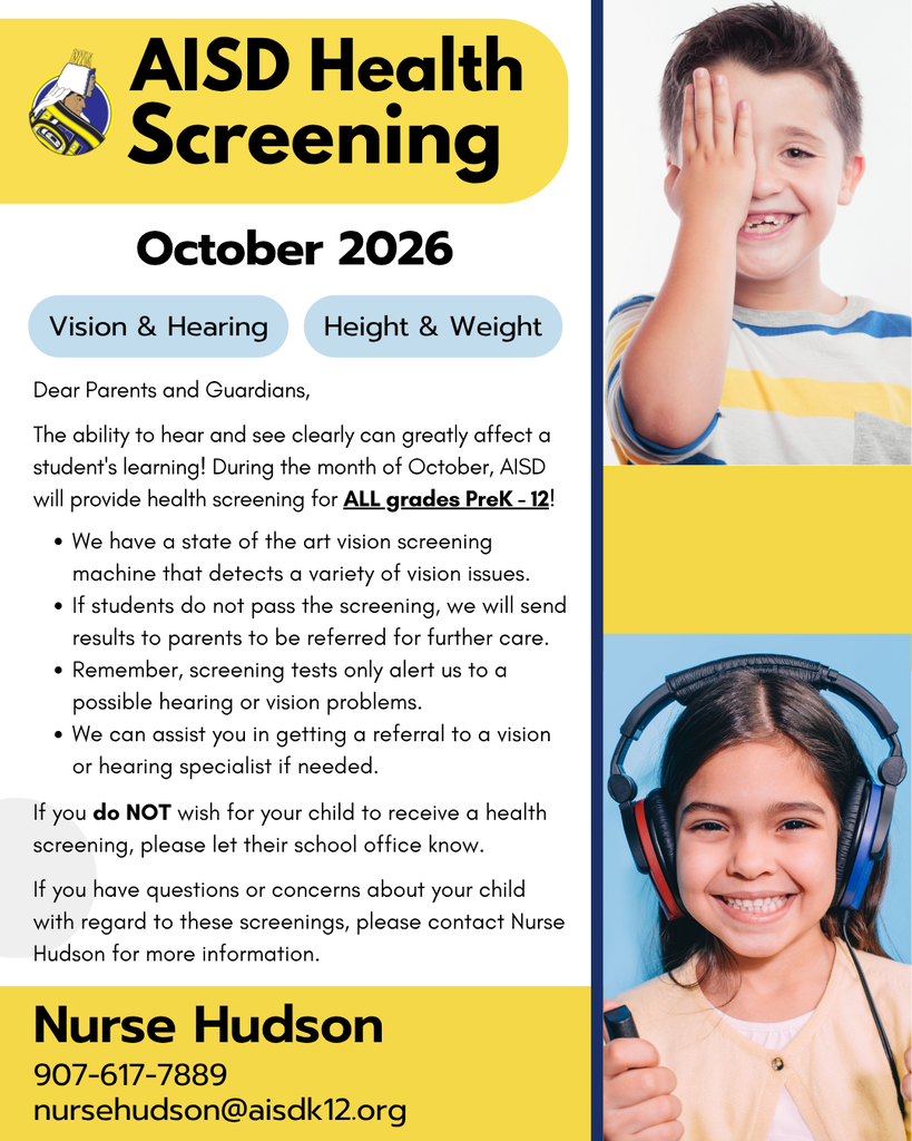 graphic with text, student with headphones on and student covering one eye. Information about health screen, details in description.