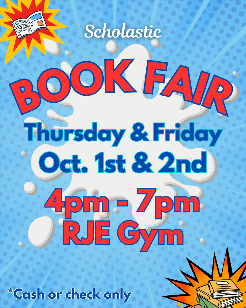 graphic with text, information about scholastic book fair in a comic book style. Details in description.