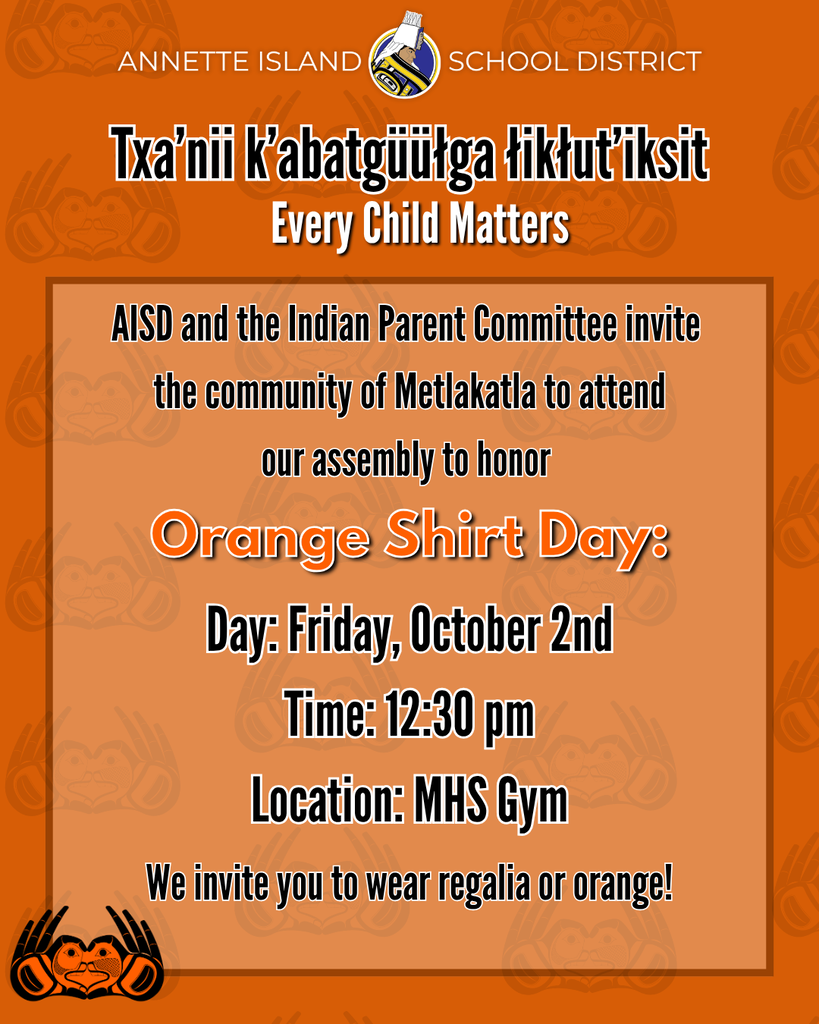 graphic with text, orange shirt day community assembly information, details in description