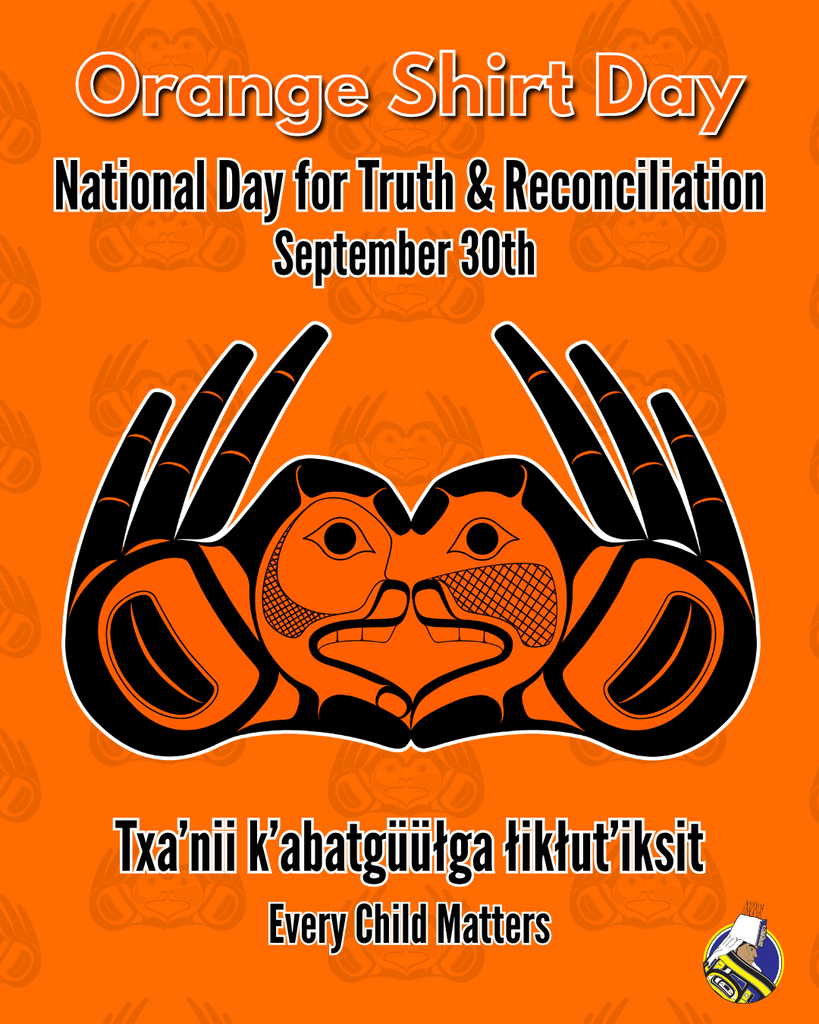 graphic with text, image of NW coast formline of hands making a heart. Information about orange shirt day