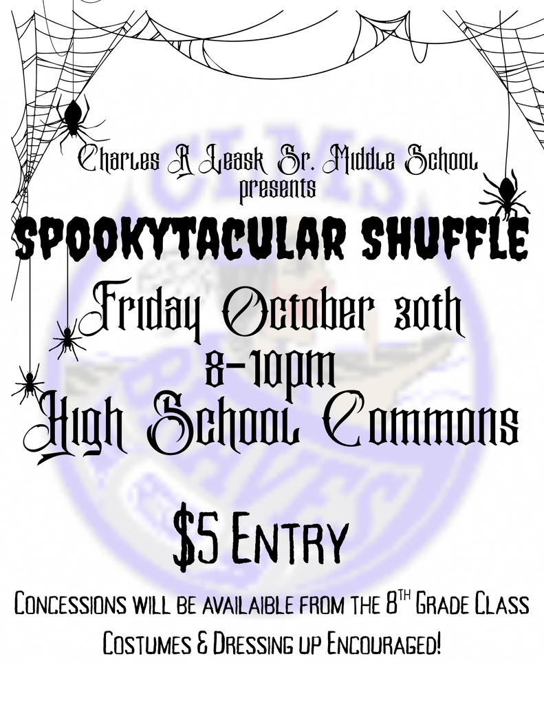 graphic with text, information about a school dance, spider webs, CLMS braves logo, details in text description