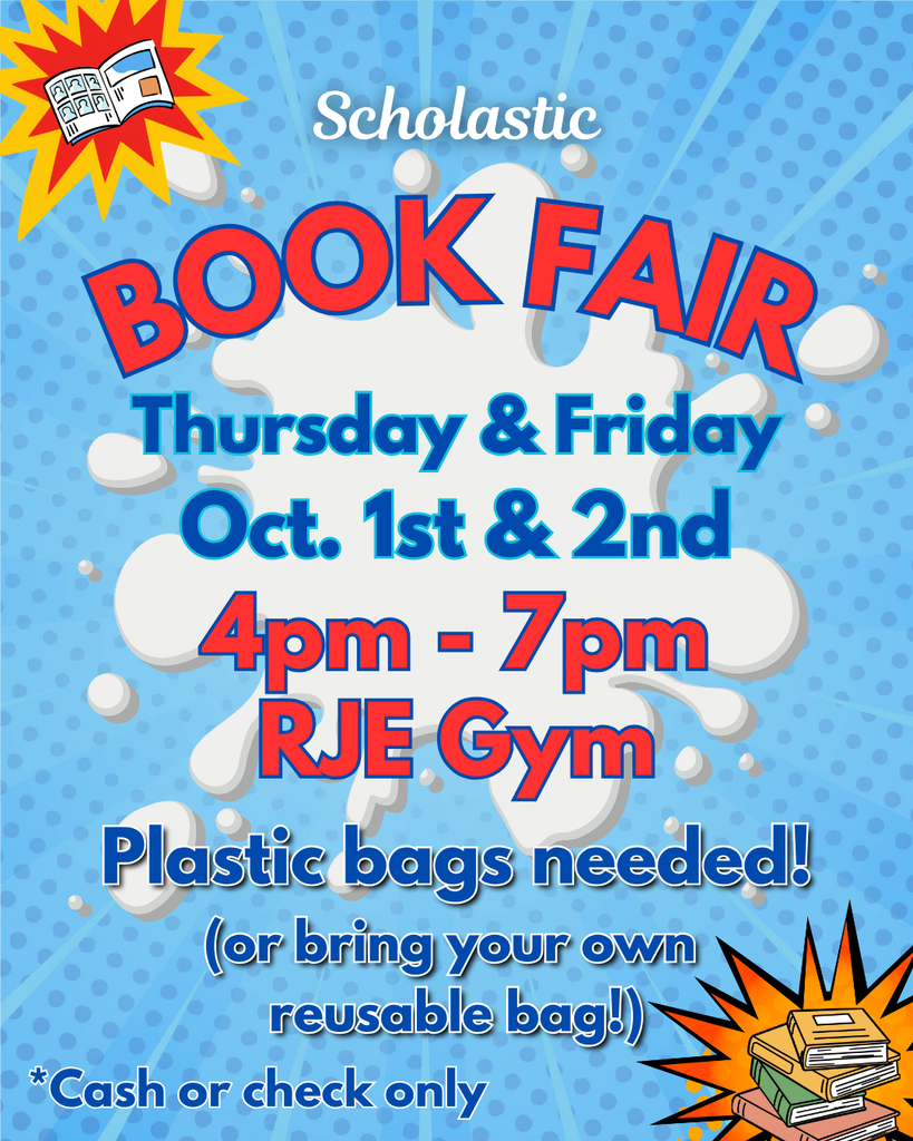 graphic with text, comic book style shapes and books.  info about book fair, details in description.