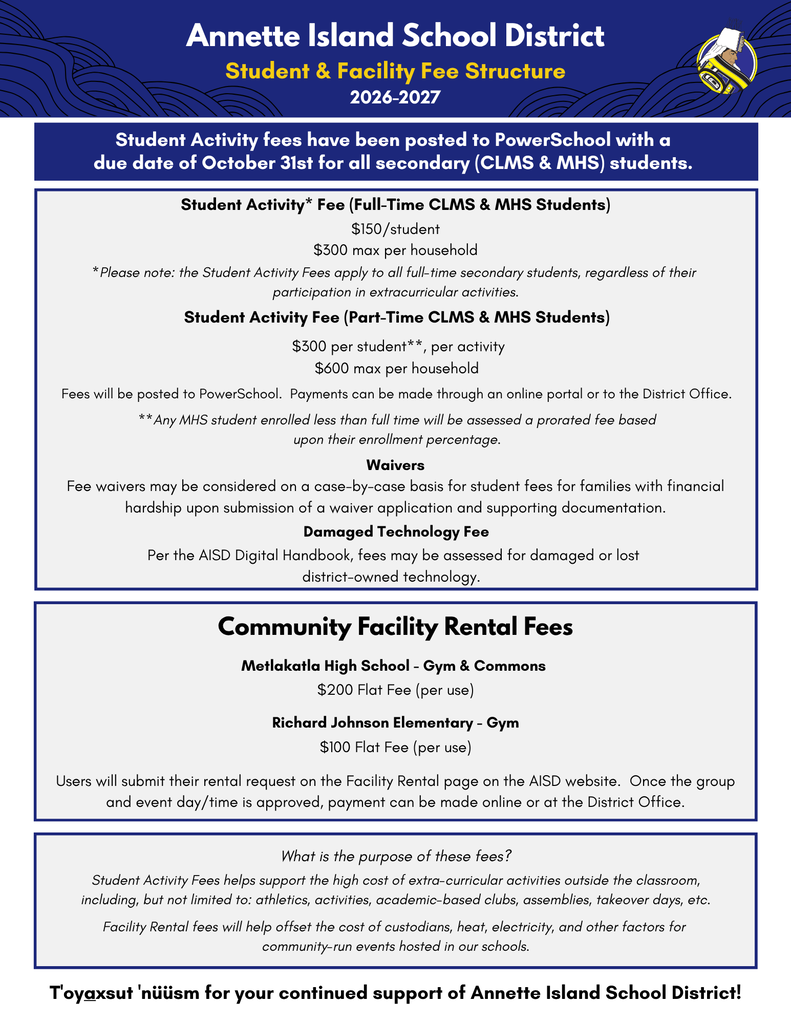 graphic with text, information about fees. Pdf link in description.