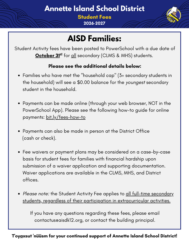 graphic with text, information about fees. Pdf link in description.