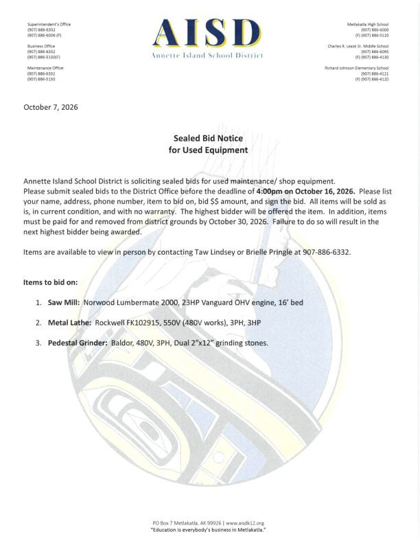 Sealed Bid Notice for Used Equipment 