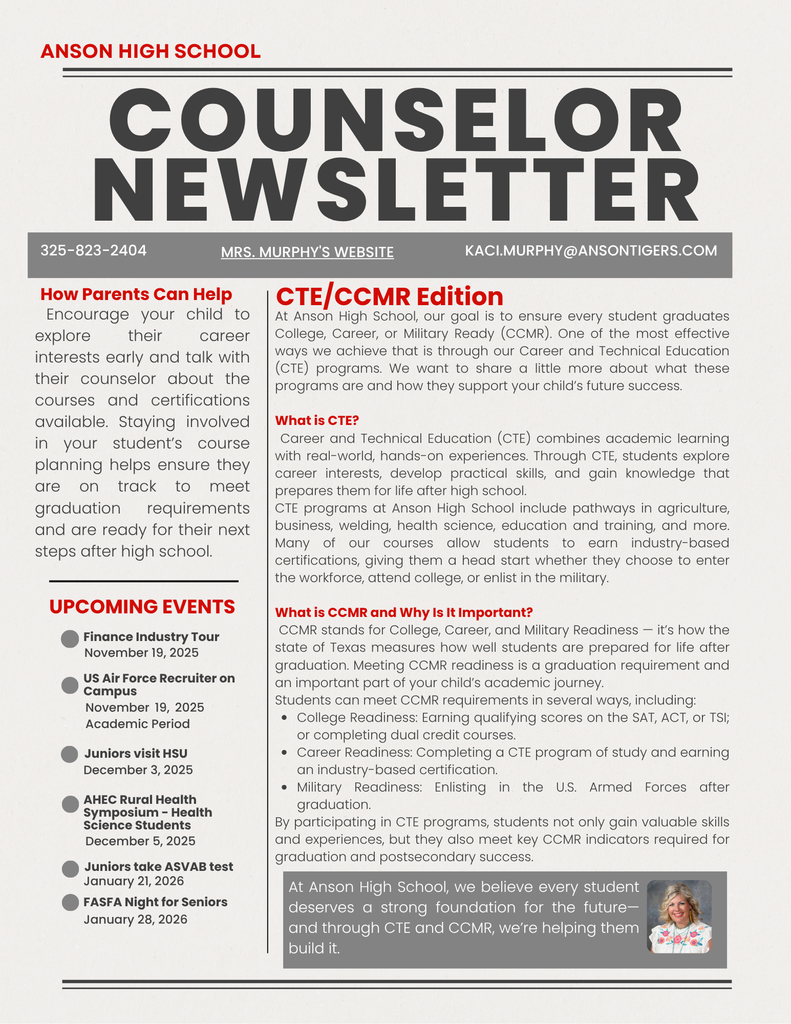AHS Counselor Newsletter CTE/CCMR Edition