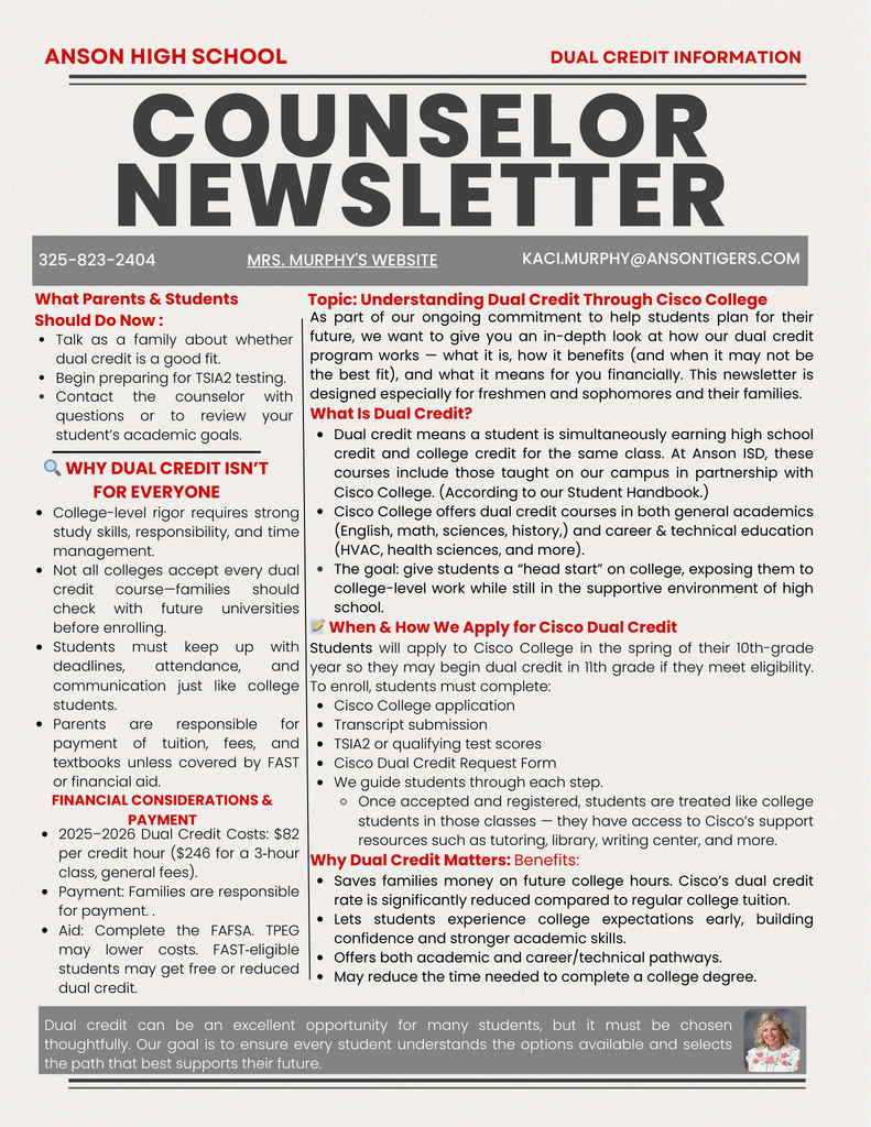 Dual Credit info AHS Counselor Newsletter 
