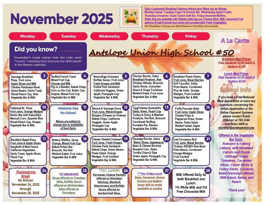November breakfast & lunch menus
