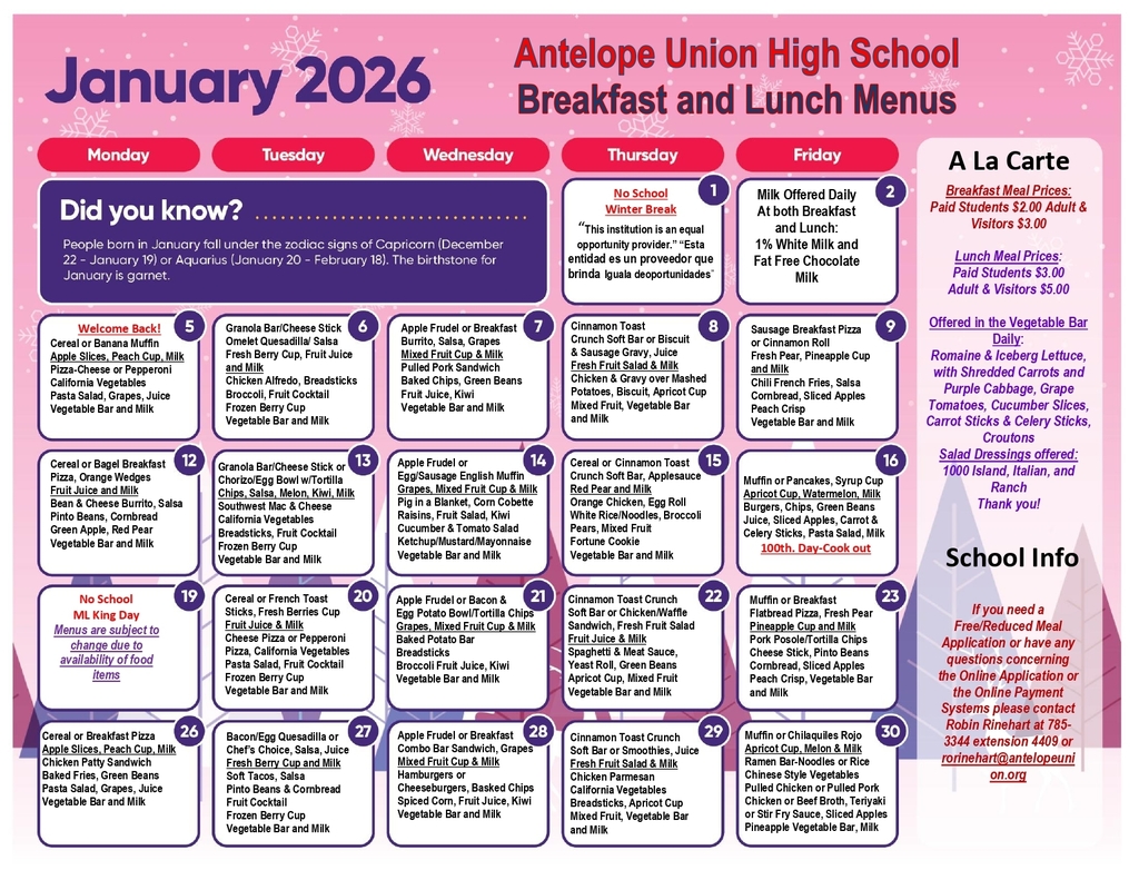 SY 26 January 2026 breakast an lunch