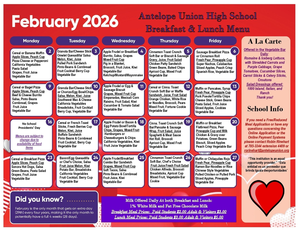 February Breakfast and Lunch
