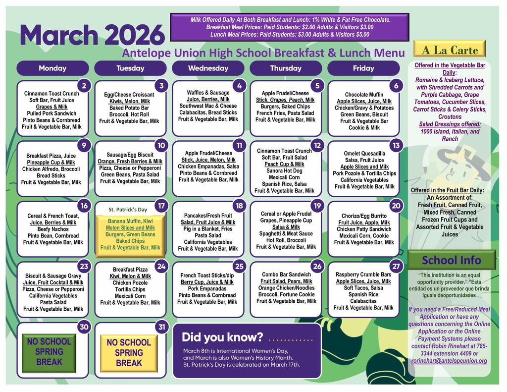 March breakfast and lunch