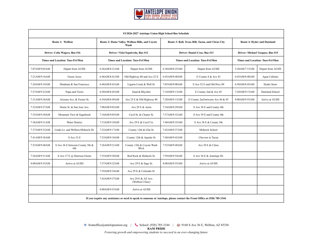 Updated 2026-2027 Bus Schedule