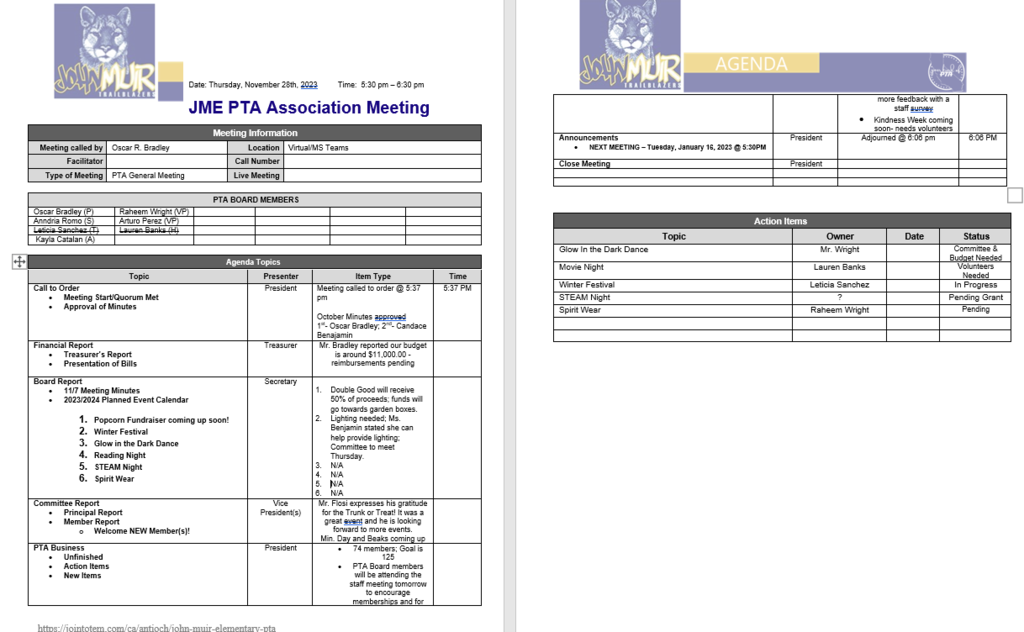 PTA Minutes