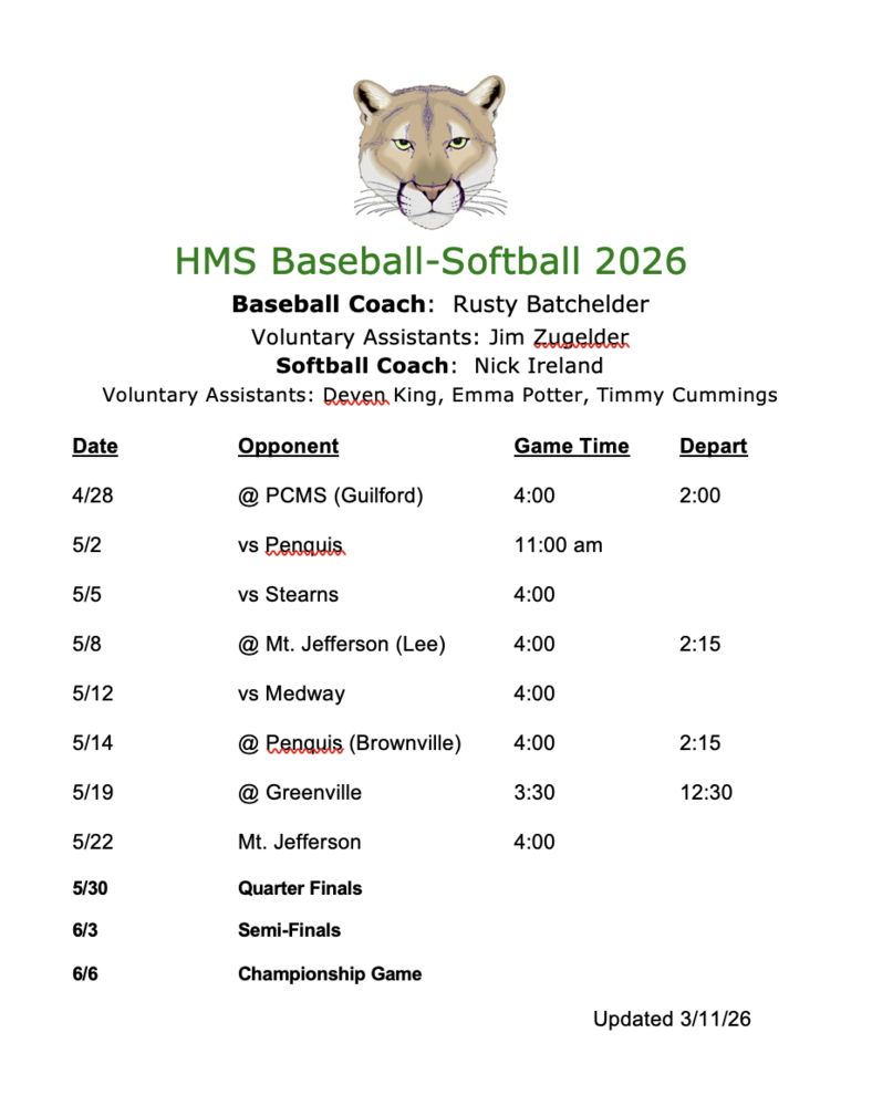 2026 HMS Baseball & Softball Schedule