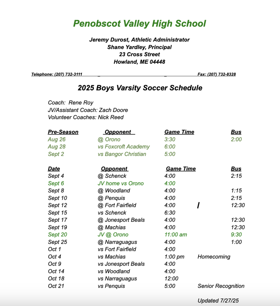 2025 PVHS Boy's Soccer Schedule