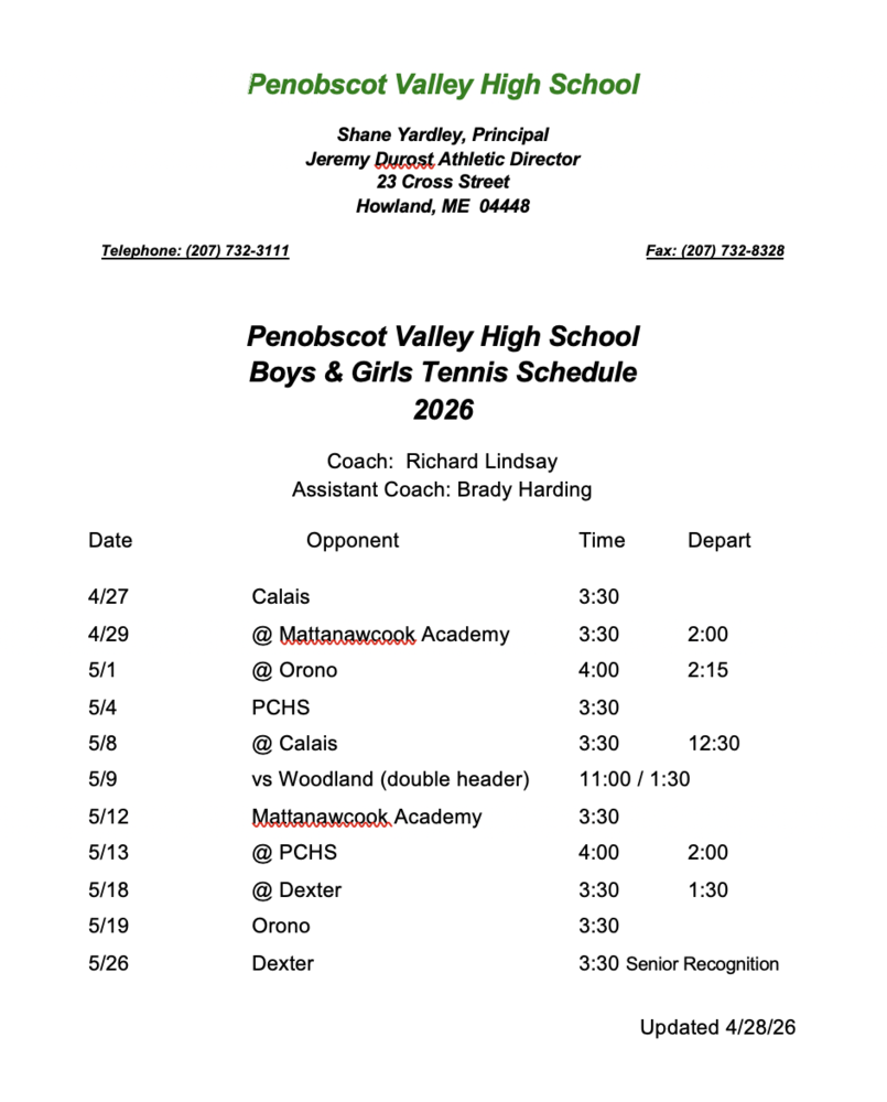 2026 PVHS Tennis Schedule