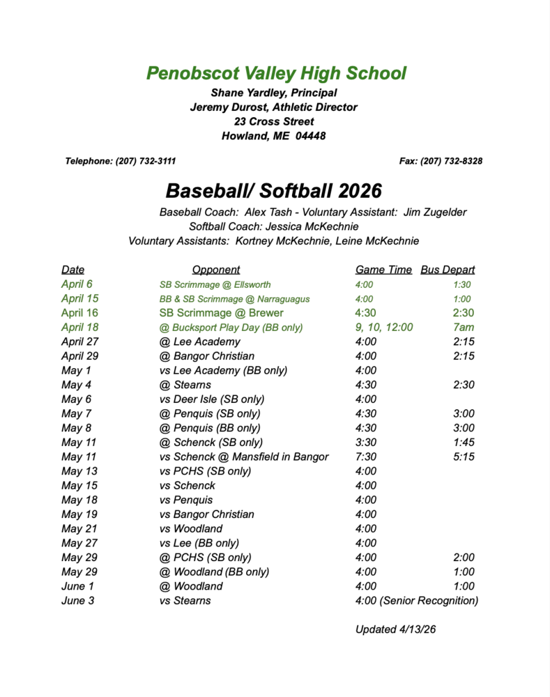 2026 PVHS Baseball & Softball Schedule