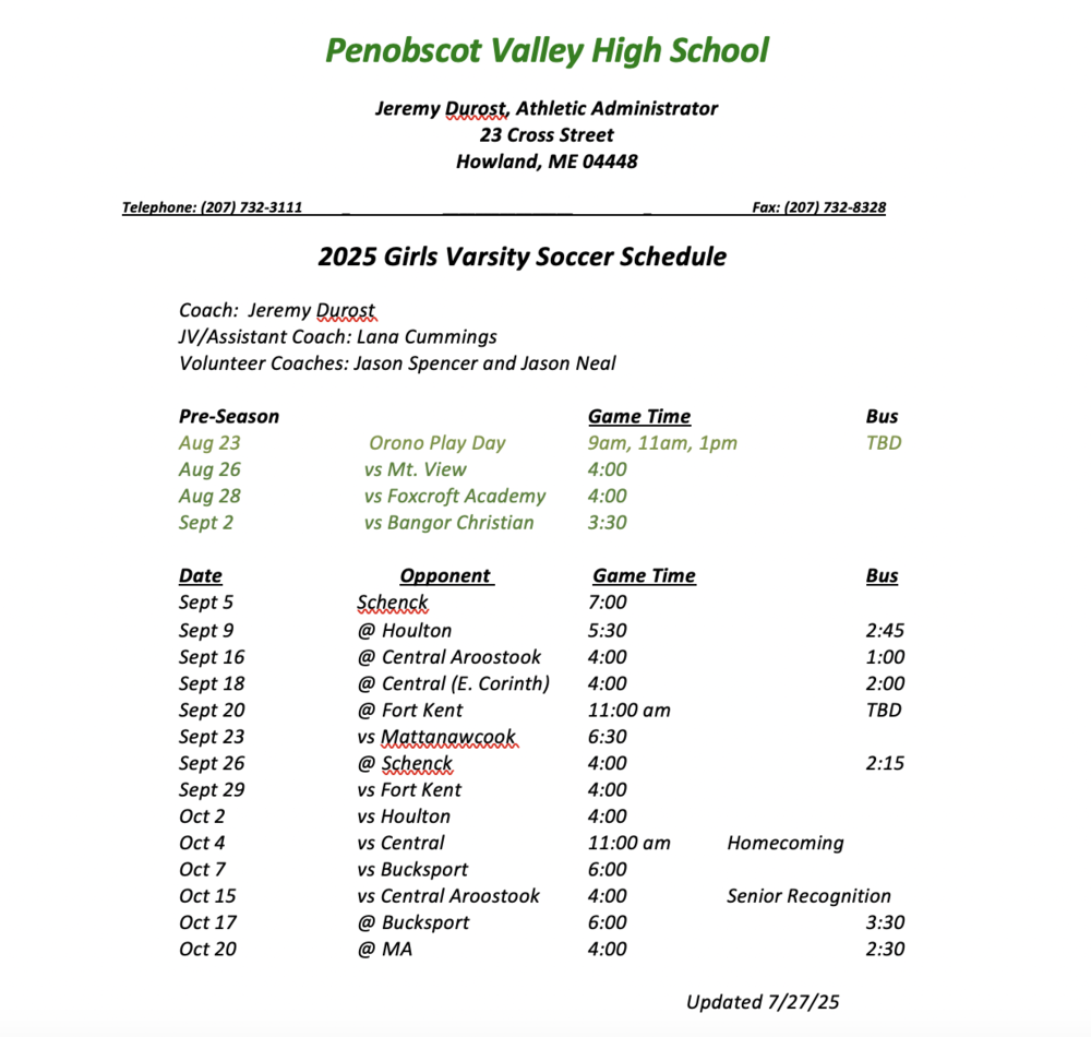 2025 PVHS Girl's Soccer Schedule