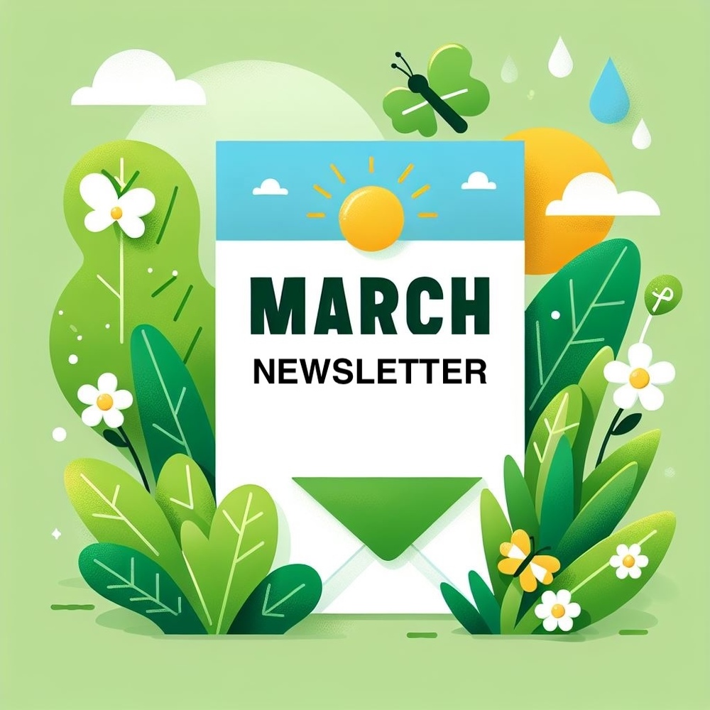 Picture of spring flowers with March Newsletter written in the middle